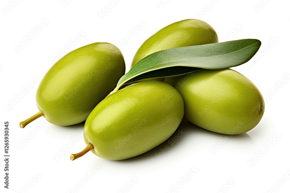 Three green olives with leaves isolated on white Three green olives with leaves isolated on white