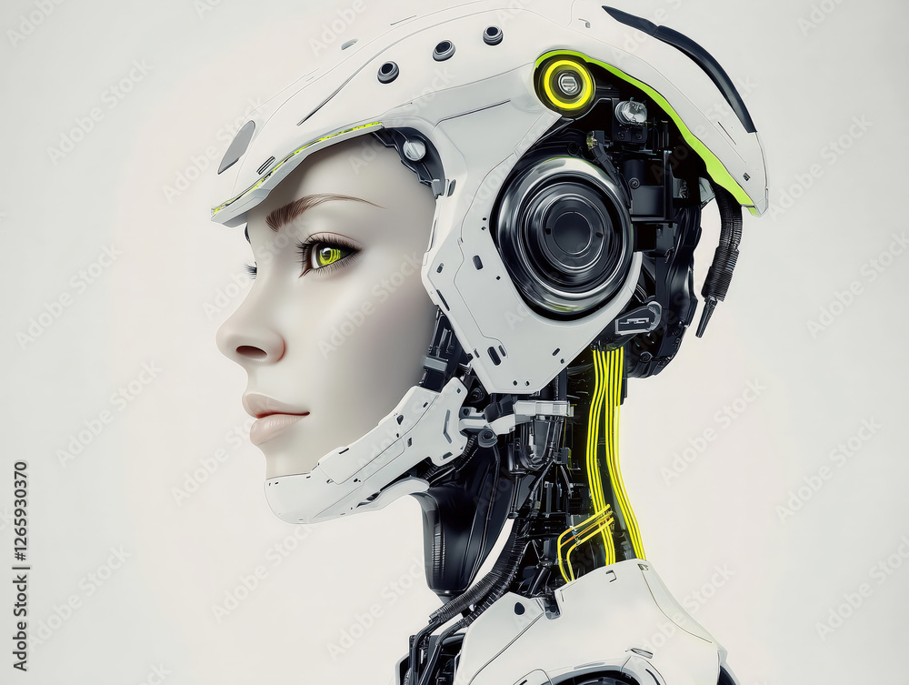 Abstract portrait of an advanced and futuristic female robot face concept with new metallic parts and neon wiring with solid neutral colored background Abstract portrait of an advanced and futuristic female robot face concept with new metallic parts and neon wiring with solid neutral colored background