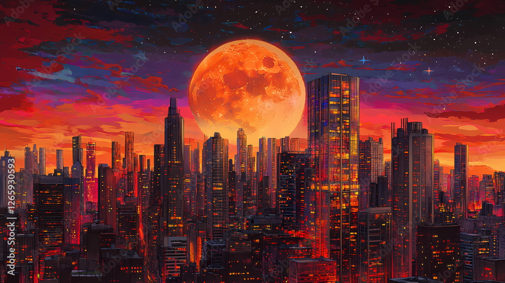 Fototapeta premium lunar eclipse city skyline towers