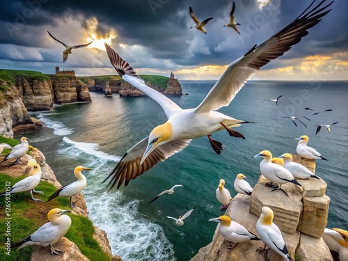 Majestic Gannets at Bempton Cliffs, Yorkshire Coast, Dramatic Low Light Photography photo