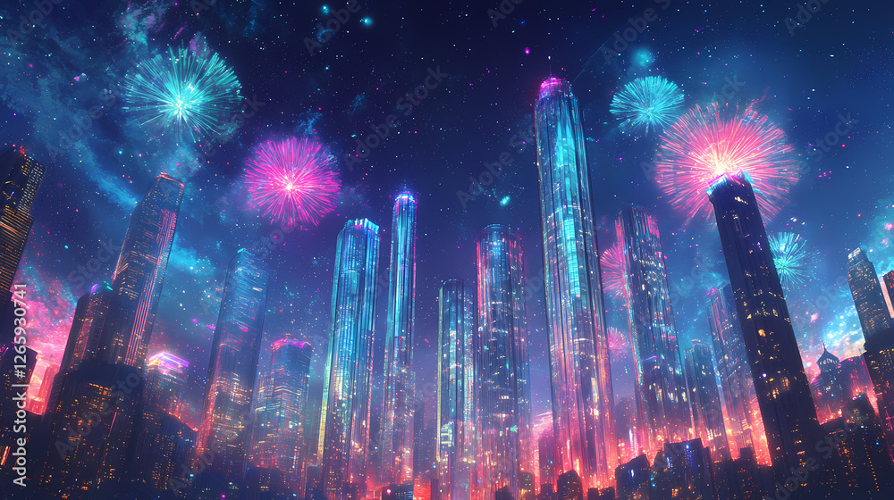 Naklejka premium Colorful fireworks light up night sky over city skyline. Lunar Glass Towers. Illustration