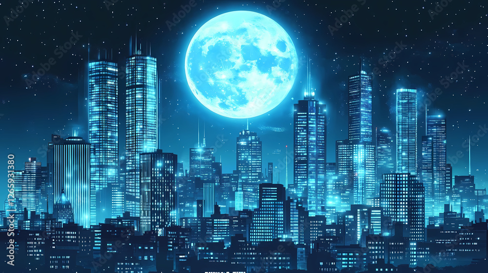 Obraz premium Futuristic metropolis skyline under luminous lunar glow. Lunar Glass Towers. Illustration