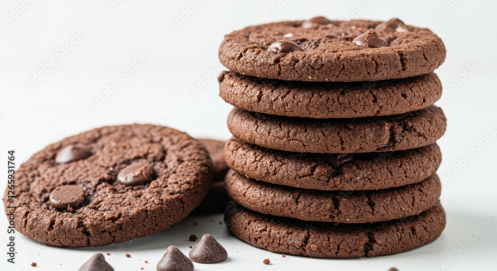 A stack of freshly baked delicious dark chocolate chip cookies on a plain white background the cookies are dark brown in color and have chocolate chips scattered throughout homemade chocolate cookies A stack of freshly baked delicious dark chocolate chip cookies on a plain white background the cookies are dark brown in color and have chocolate chips scattered throughout homemade chocolate cookies