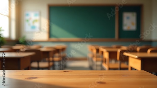 wooden desk surface, empty classroom background