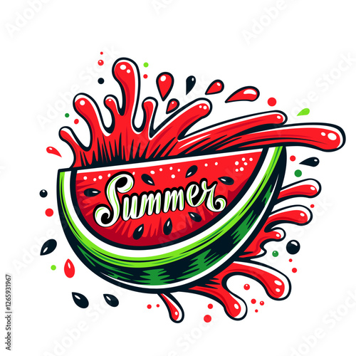 hand lettering Summer on the background of a slice of juicy  watermelon with juice, splashes and seeds. hello summer. vector illustration for print isolated on white background