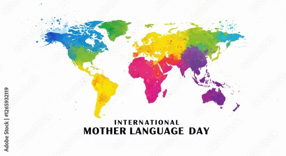 Naklejka premium International Mother Language Day colorful splashes of paint and world map in shades of blue, green, yellow, pink, purple and orange on a white background 21 February
