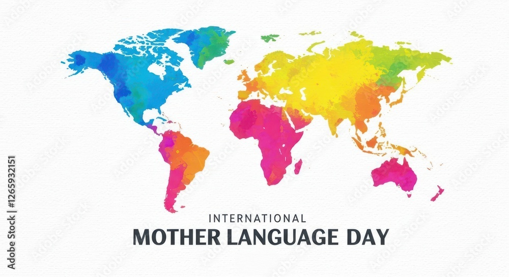 Obraz premium International Mother Language Day colorful splashes of paint and world map in shades of blue, green, yellow, pink, purple and orange on a white background 21 February