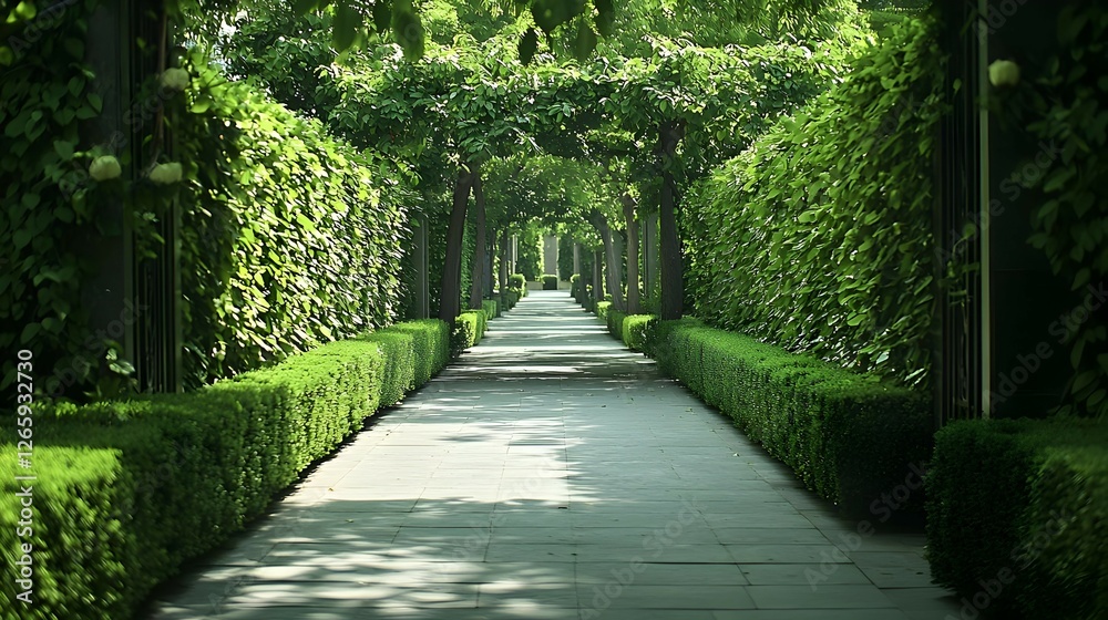 Green Garden Path With Lush Trees And Sunlight Green Garden Path With Lush Trees And Sunlight