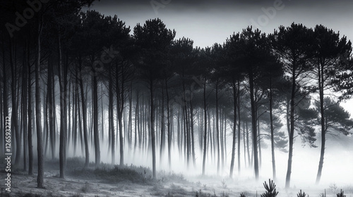 Misty Black and White Forest with Tall Pine Trees – Cinematic Moody Monochrome Wallpaper for Modern Interiors