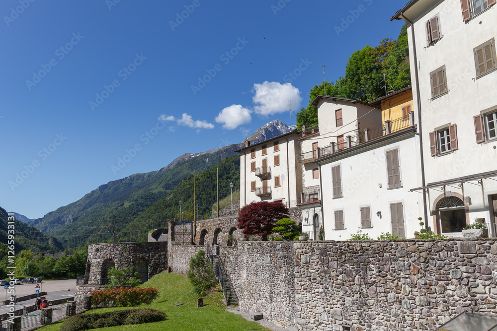 Obraz premium Street view of historical village Gromo, Bergamo, Lombardy, Italy. Historical residential houses.
