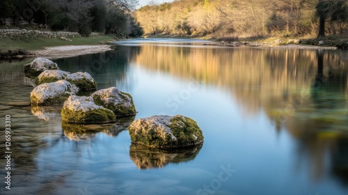 Calm river, mossy rocks, tranquil forest, sunset reflection, nature serenity photo