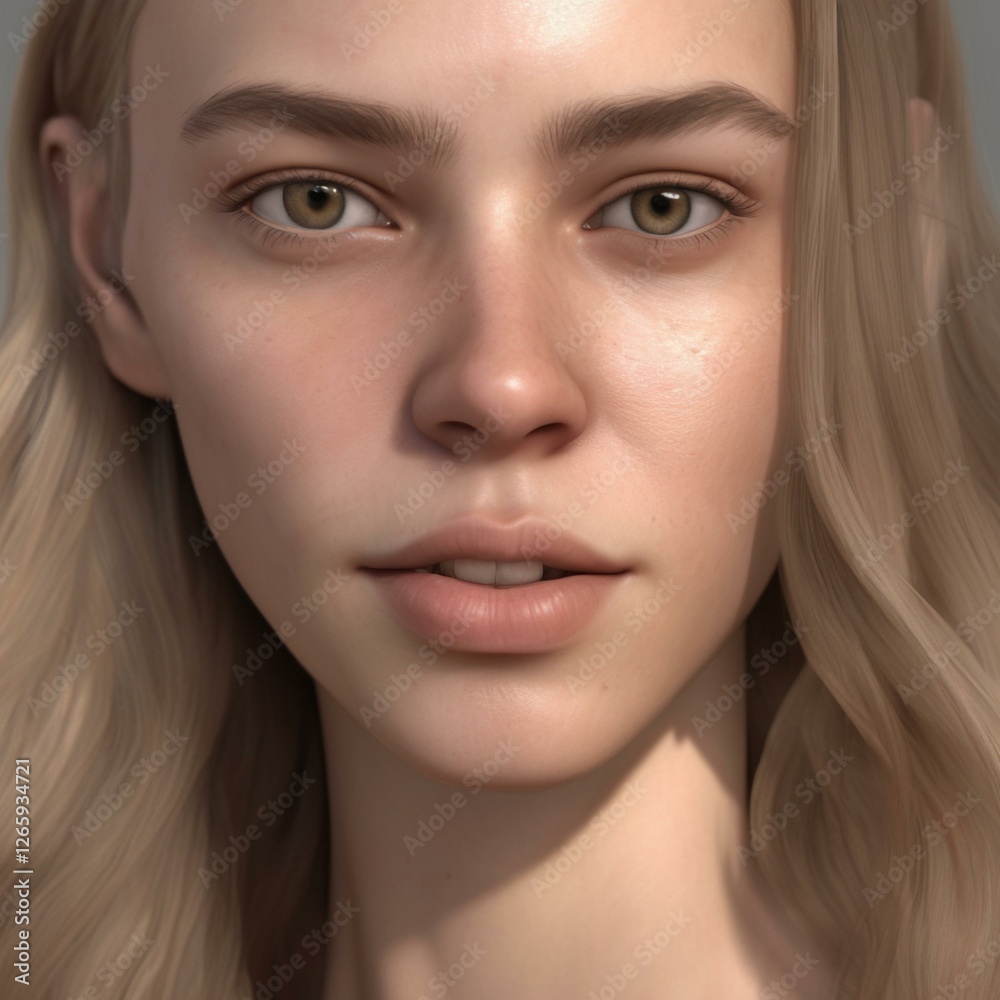 A highly detailed, hyper-realistic close-up portrait of an AI-generated human face. This digital artwork features lifelike skin textures, expressive eyes, and natural lighting.