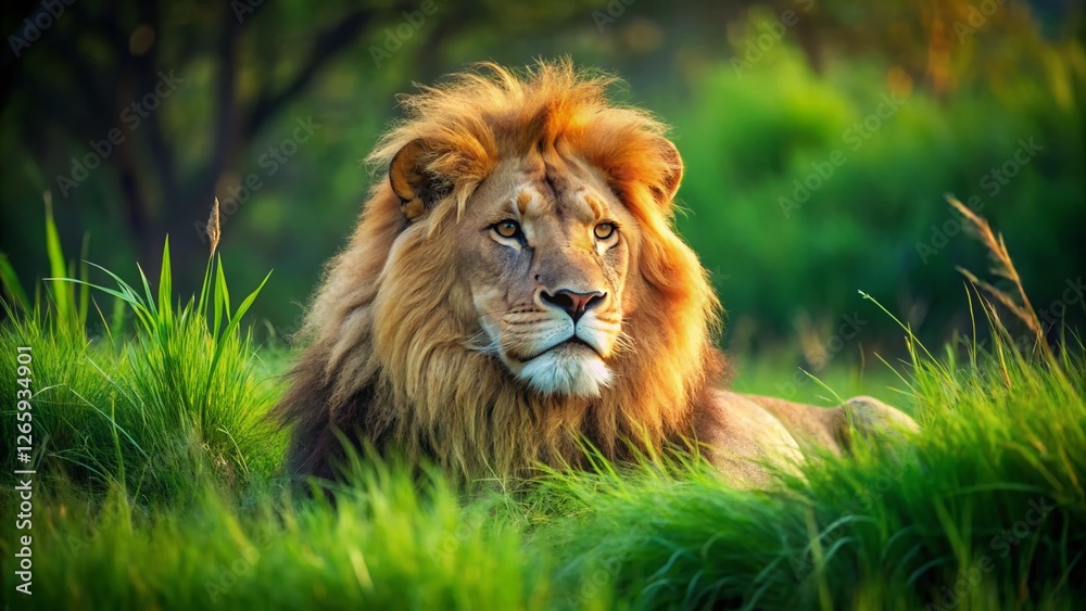 Majestic Lion Resting in Grass: Serene Wildlife Stock Photo Majestic Lion Resting in Grass: Serene Wildlife Stock Photo