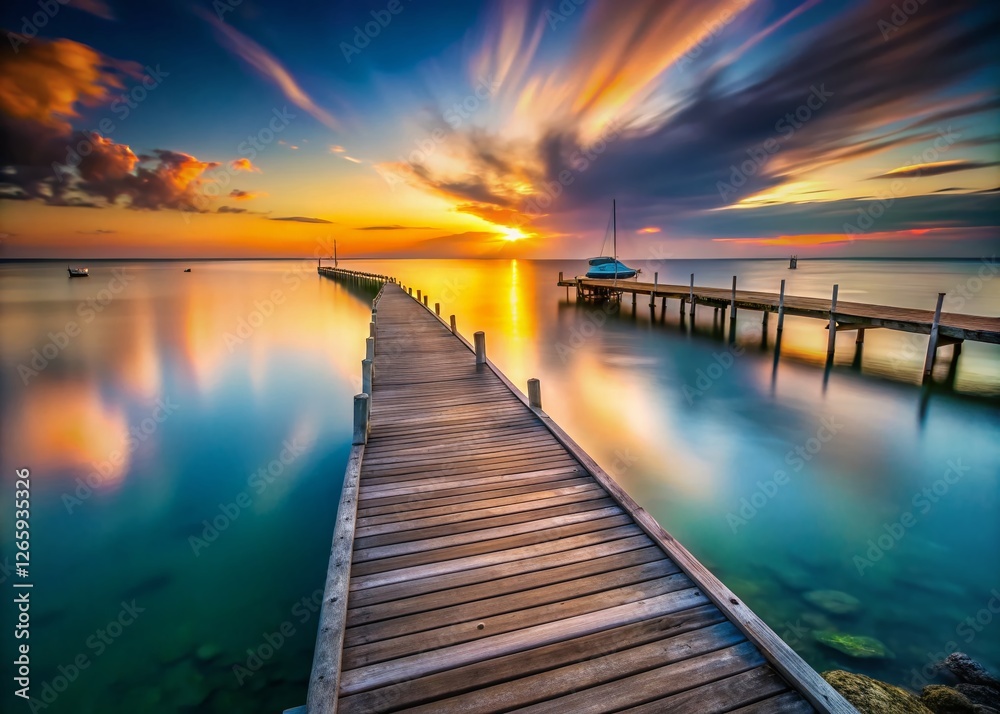 Fototapeta premium Majestic Long Exposure of a Pier Extending into the Calm Sea at Sunset