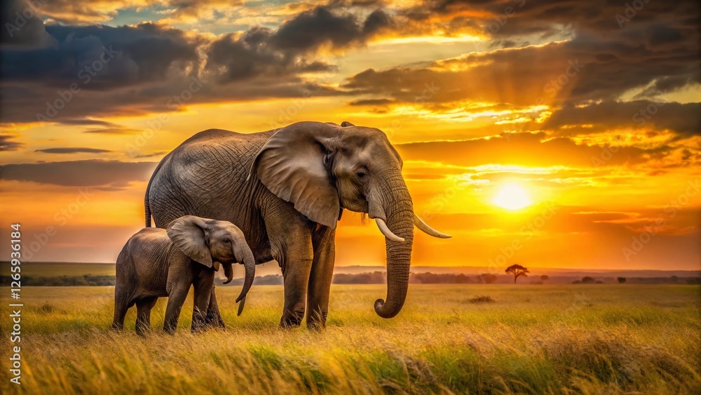 Fototapeta premium Majestic Mamma Elephant Protecting Calf in Serengeti Sunset - Wildlife Photography