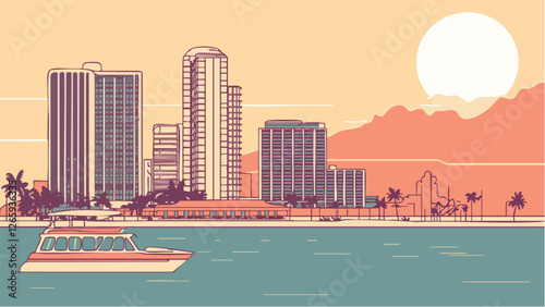 Pattaya Cityscape with Beachfront in Minimalist Line Art .eps