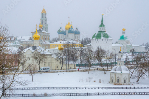 Winter panorama of Trinity Lavra of St. Sergius in Sergiev Posad from the viewpoint Blinnaya Gora, Moscow region, Russia	