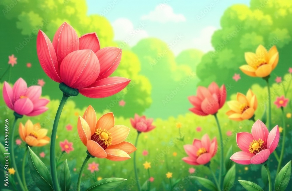 flower garden, children's drawing in cartoon style, drawing of flowers. High quality photo