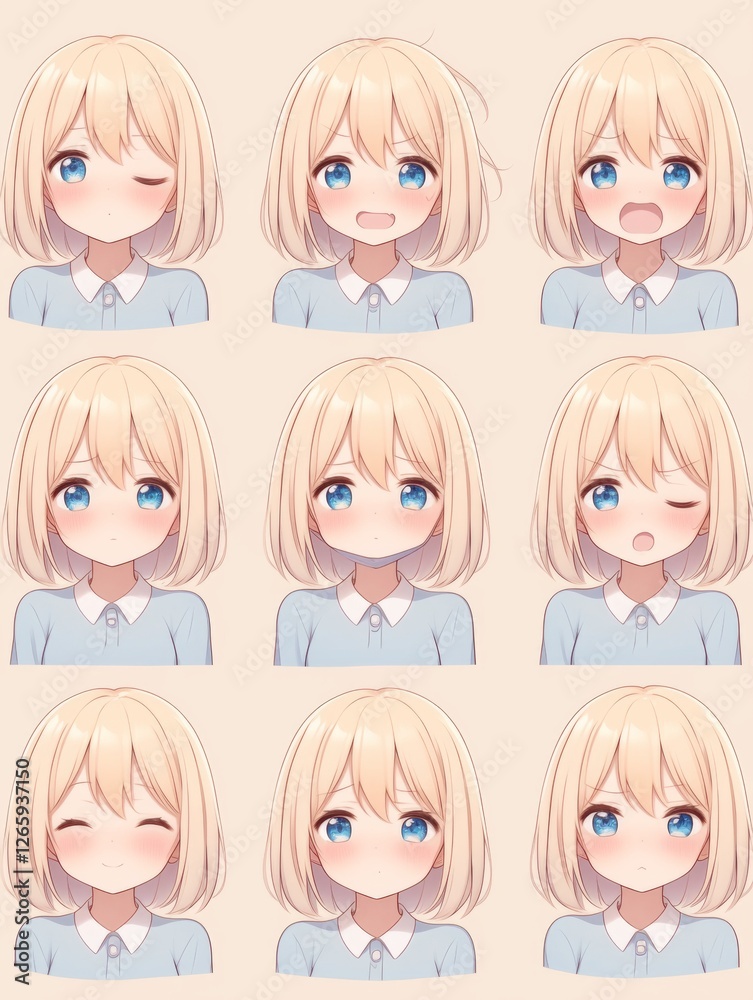 A set of cute anime girls illustrations with different expressions. A set of cute anime girls illustrations with different expressions.