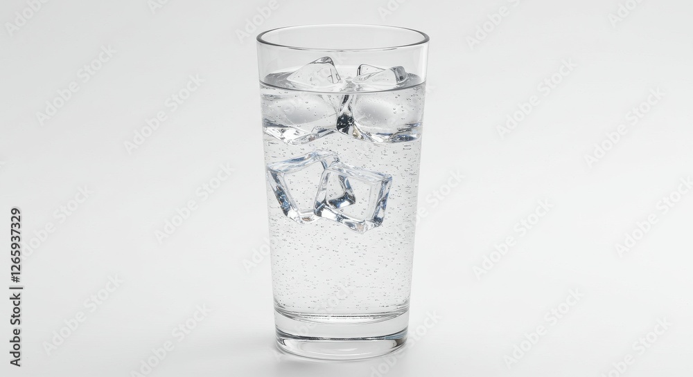 A tall glass filled with clear sparkling water and ice cubes on white background the glass is tall and slender with a wide base the ice cubes are neatly arranged in the glass refreshing drink A tall glass filled with clear sparkling water and ice cubes on white background the glass is tall and slender with a wide base the ice cubes are neatly arranged in the glass refreshing drink