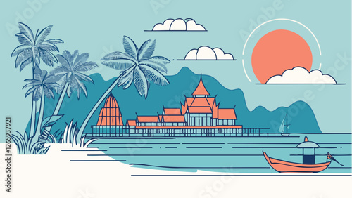 Phuket Beachfront in Minimalist Line Art .eps