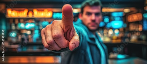 Man pointing finger, bar background, night, accusation photo