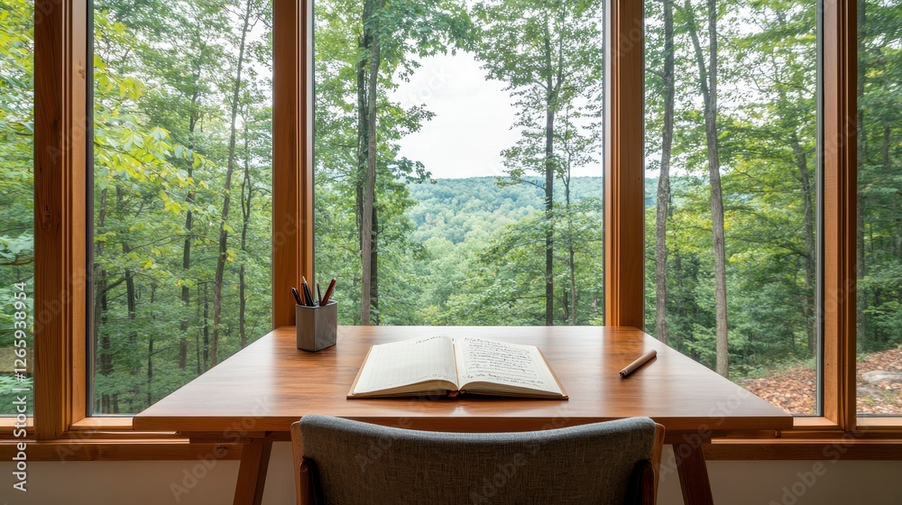 Fototapeta premium A serene workspace featuring a wooden desk with an open book, overlooking a lush forest through large windows.