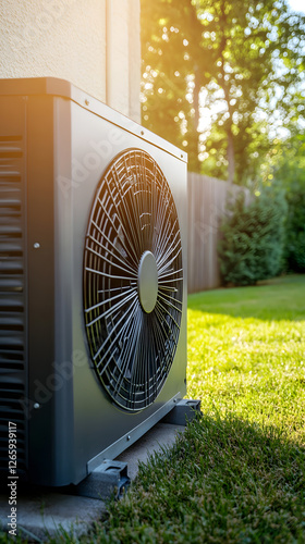 A photograph of an air source heat pump in the backyard
