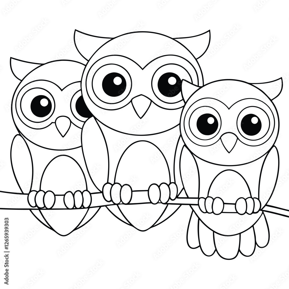 Fototapeta premium Three owls on a branch coloring page for kids