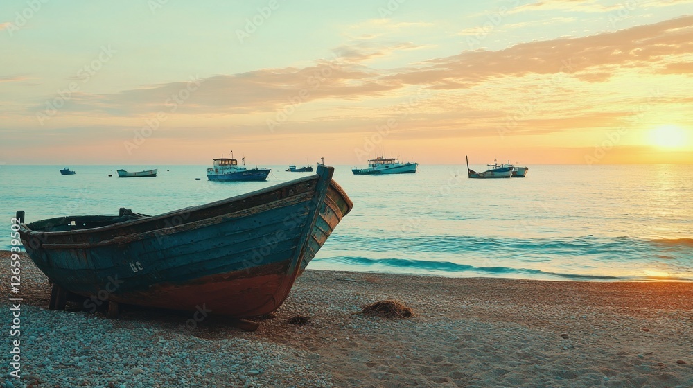 Sunrise beach, old fishing boat, calm sea, distant vessels, travel poster Sunrise beach, old fishing boat, calm sea, distant vessels, travel poster