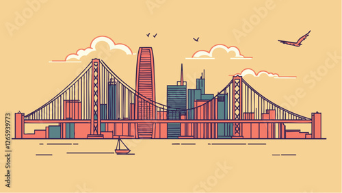 San Francisco Skyline with Golden Gate Bridge in Line Art .eps