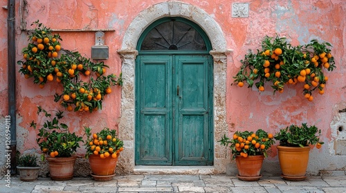 Fototapeta Naklejka Na Ścianę i Meble -  Oranges adorn teal door of coral building in Italy, used in travel blogs