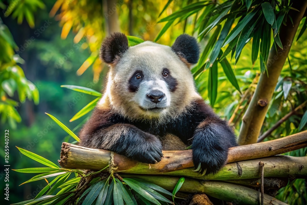 Obraz premium Majestic Panda Bear Resting High in a Bamboo Tree - Authentic Documentary Style Wildlife Photography