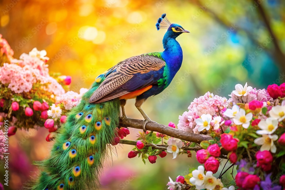 Majestic Peacock Perched on Flowering Branch - Elegant Nature Stock Photo Majestic Peacock Perched on Flowering Branch - Elegant Nature Stock Photo
