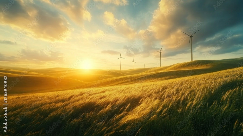 Obraz premium Sunset over rolling hills, wind turbines, wheat field
