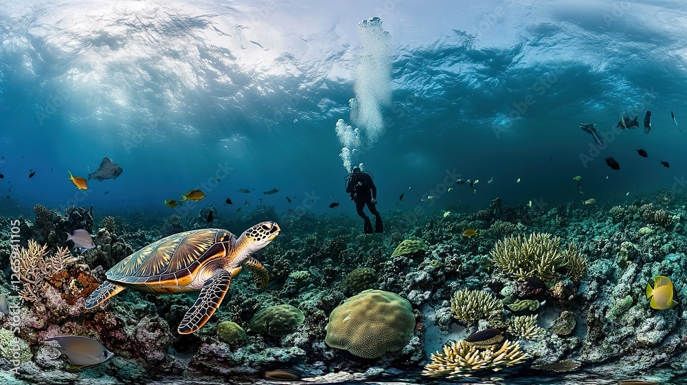 Fototapeta premium Diver explores vibrant coral reef with sea turtle and fish