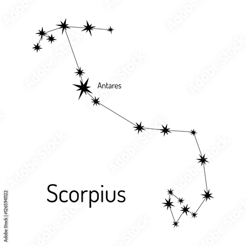 Minimalistic vector illustration of the Scorpius constellation with Antares star. Perfect for astrology, astronomy, zodiac enthusiasts, celestial maps, and space-themed designs.