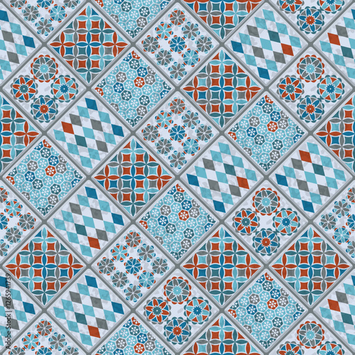 Tile floor made of square tiles in folk style in blue gray and orange colors tile floor made of square tiles, seamless vector pattern
