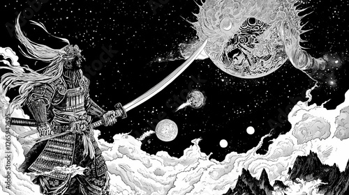Samurai and wizards unite defending the cosmos from dark forces in a scifi epic. Astral Samurai. Illustration