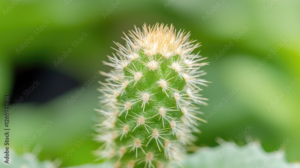 Close-up of a small cactus, green background, garden setting, nature photography Close-up of a small cactus, green background, garden setting, nature photography
