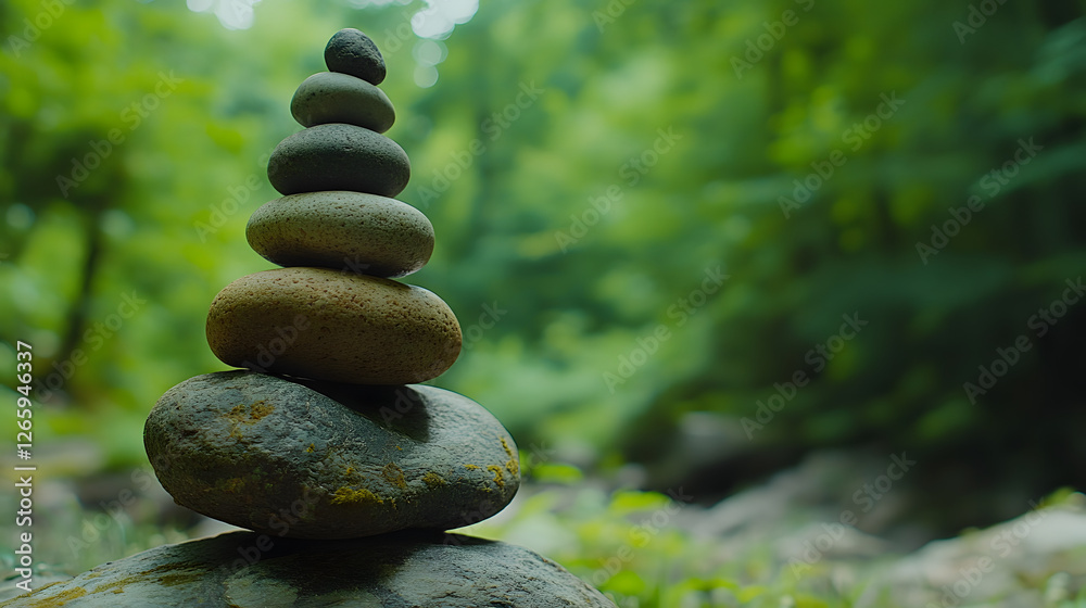A carefully balanced stack of smooth stones in a lush green forest A carefully balanced stack of smooth stones in a lush green forest