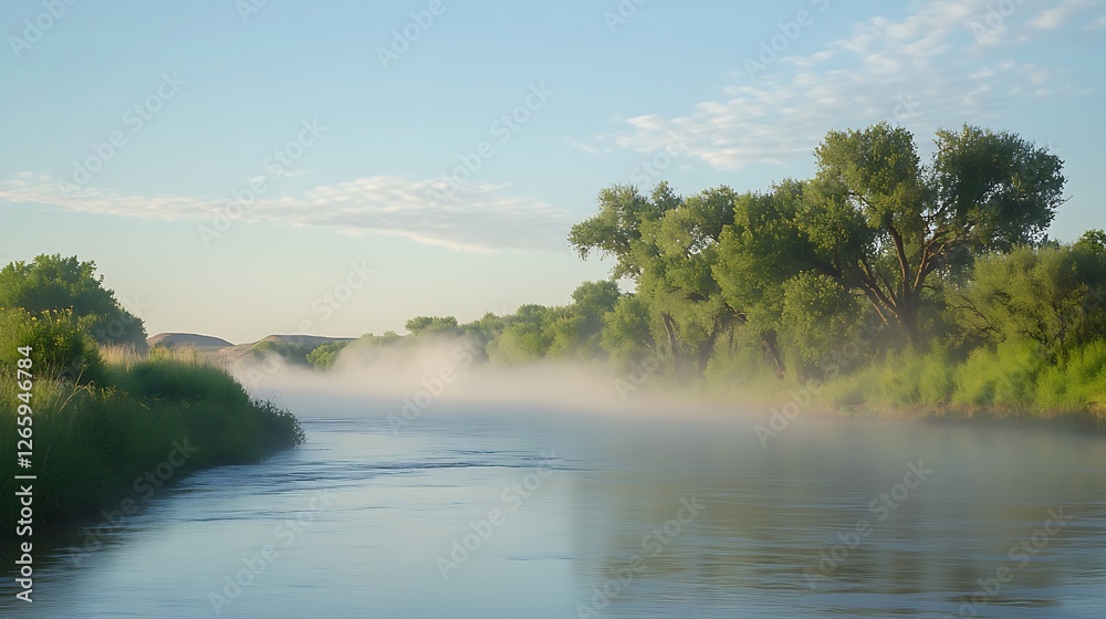 Obraz premium Serene River Mist Morning Landscape With Lush Green Trees