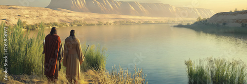 Moses and Aaron on the banks of the Egyptian river in the morning watching the Pharaoh coming. photo