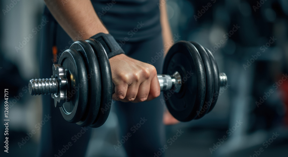 Person lifting a dumbbell, emphasizing strength and fitness in a gym setting Person lifting a dumbbell, emphasizing strength and fitness in a gym setting