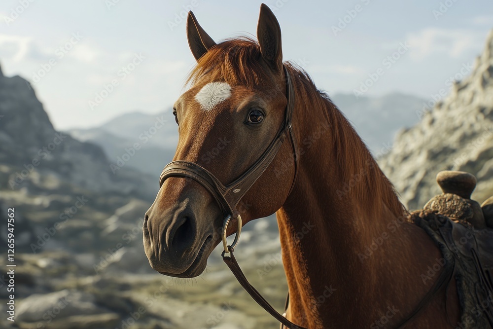 Obraz premium brown horse with a white mark on its forehead, full-body, cinematic shot.