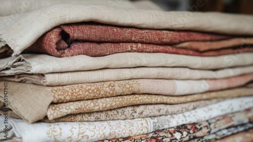 Stacked Linen Fabrics, Various Colors and Patterns, Textile Display