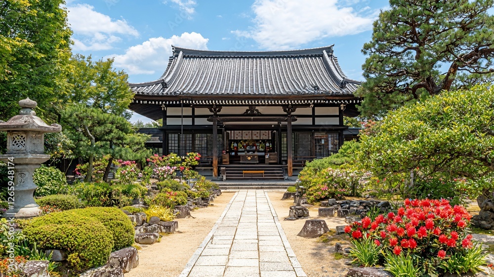 Serene temple garden path, Japan, summer, flowers, tranquility, travel brochure Serene temple garden path, Japan, summer, flowers, tranquility, travel brochure