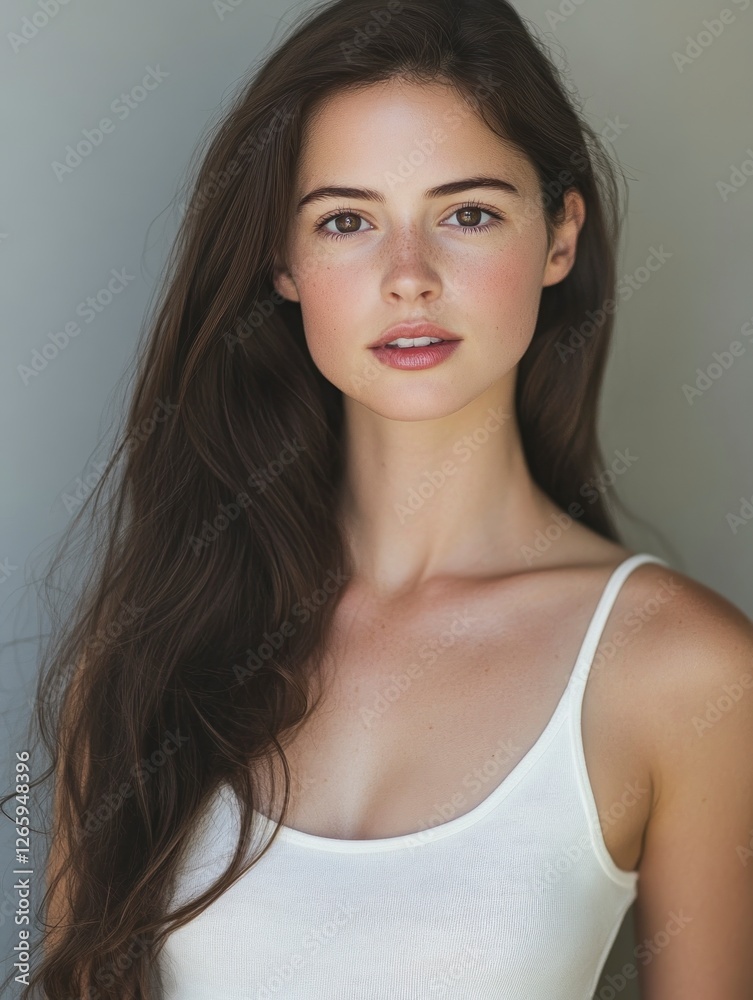 young woman with long brown hair, wearing an off-white tank top young woman with long brown hair, wearing an off-white tank top