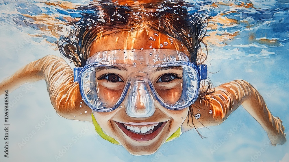 Fototapeta premium A hand-drawn watercolor portrait of a joyful girl learning to dive underwater 