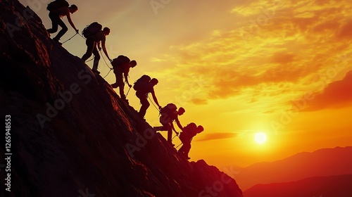 Group of hikers pulling each other up steep rocks teamwork spirit sunset